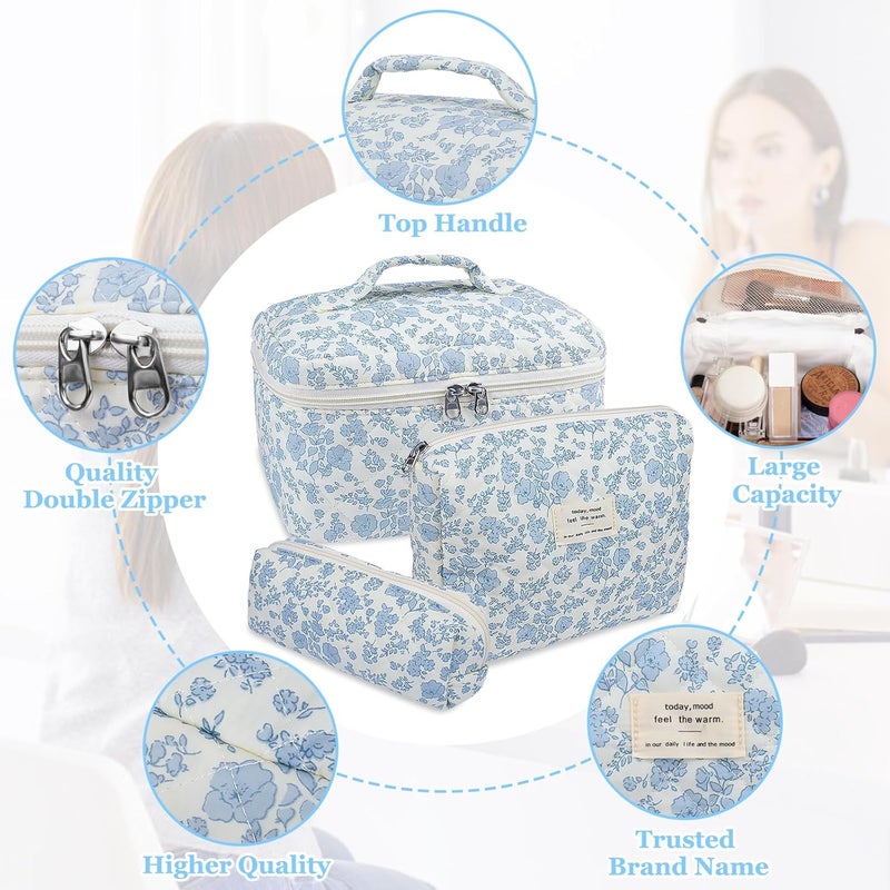 Gosect Makeup Bag, Large Quilted Cosmetic Bag, Big Floral Make Up Bag for Women Girls, Cute Cotton Makeup Bag Set, Flower Travel Toiletry Organizer Bag (Blue Flower) - Image 3